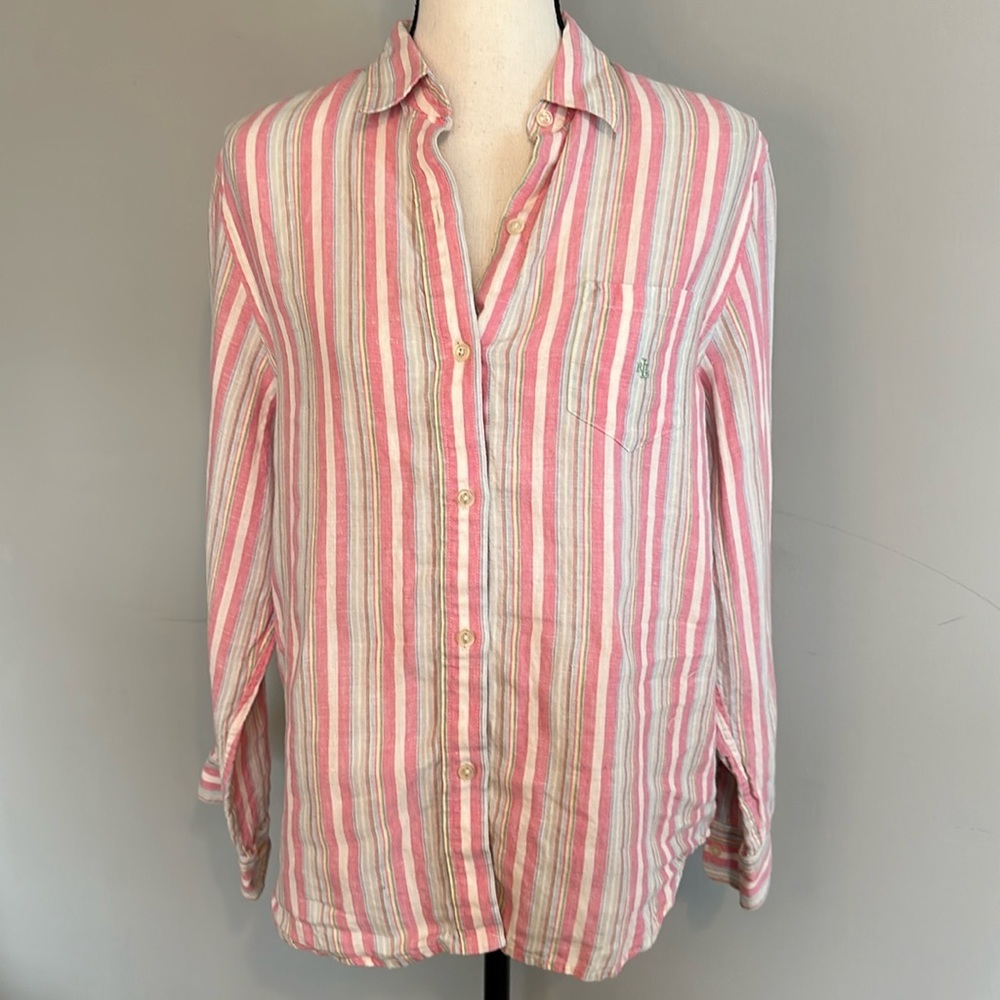 Ralph Lauren Pink 100% Linen Spring Summer Casual Button Up Long Sleeve Pocket